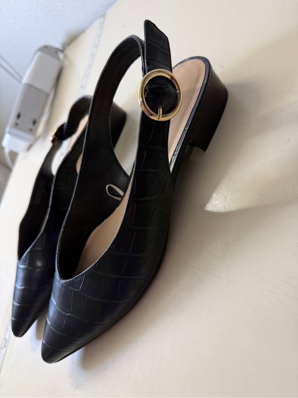 Ann Taylor Black Croc-Embossed Pointed Slingback Heels - Picture 2 of 7